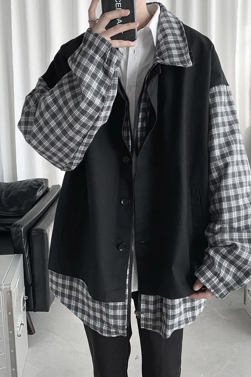 

Men's jacket 2021 spring and winter new slim solid color plaid printing fake two-piece jacket loose casual young men's clothing
