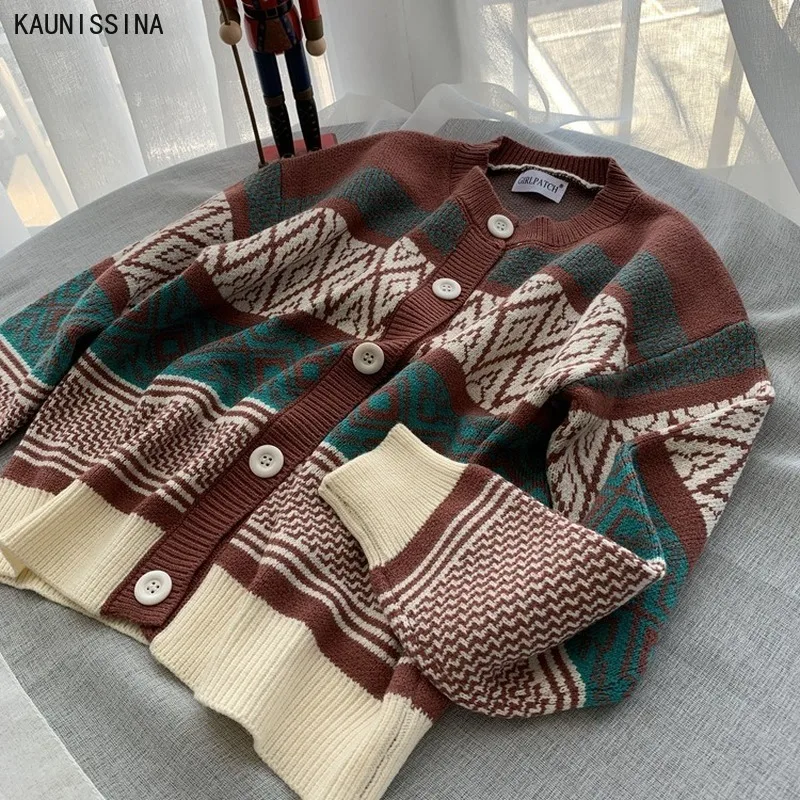 

Vintage England Style Sweater Autumn Winter Women Cardigan Thick Geometric Pattern Single Breasted Cardigans and Sweaters