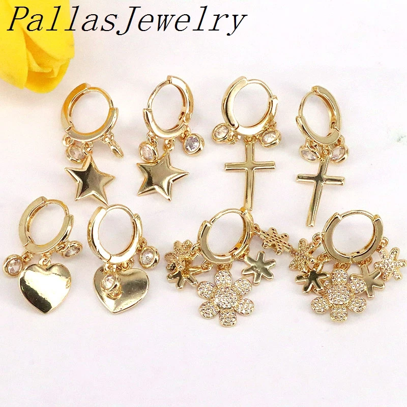 

5Pairs White Cubic Zirconia Women Gold Plated Hoop Earrings Jewelry 2021 Heart Cross Star Flower hoop earring Charm