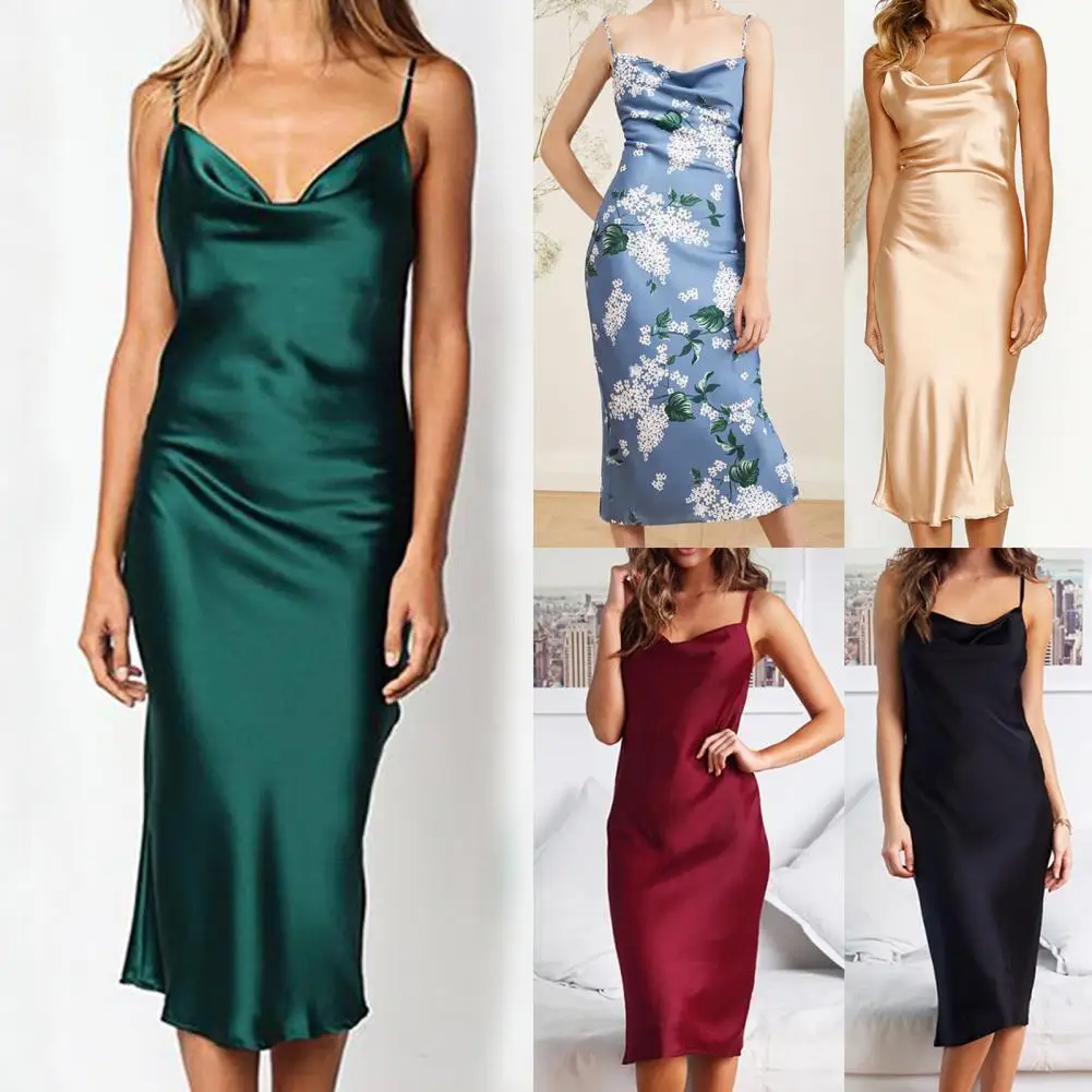 

Stylish Women Dress Off Shoulder Spaghetti Strap Solid Color Smooth Sleeveless Backless Sling Dress Streetwear for Vacation