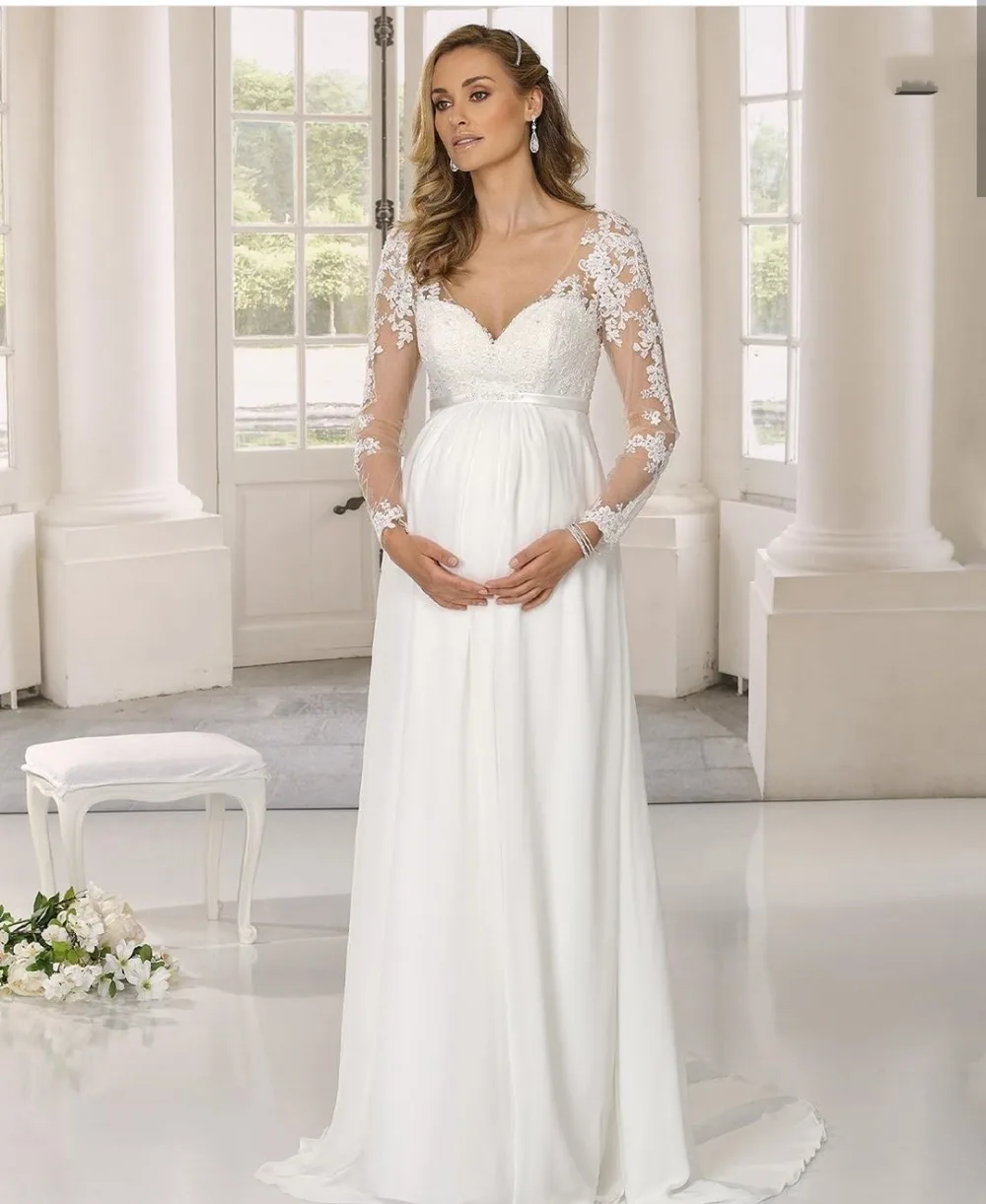 

Pregnant Woman Wedding Dress Chiffon Long Sleeve Floor Length V-Neck Bridal Gowns Maternity Lace Appliques Robe De Mairee