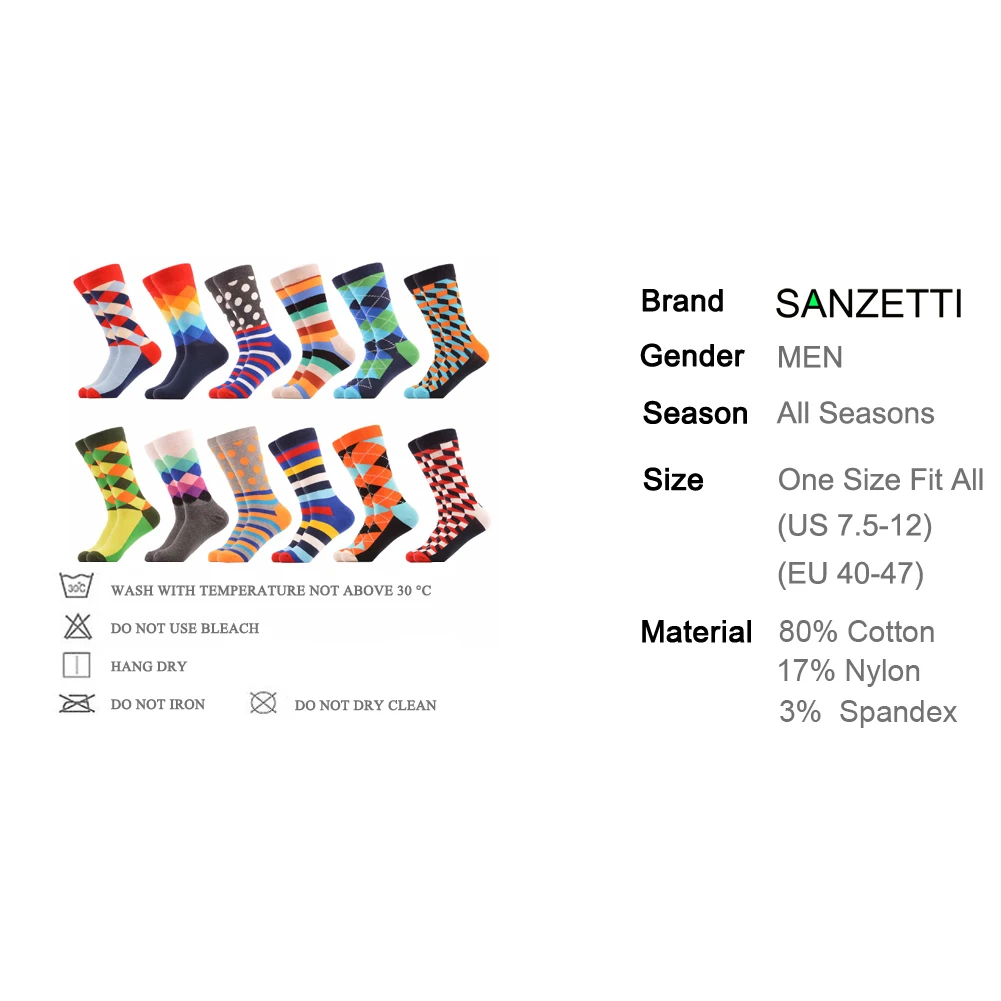 SANZETTI 12 пар/лот забавные мужские Разноцветные носки из чесаного хлопка для