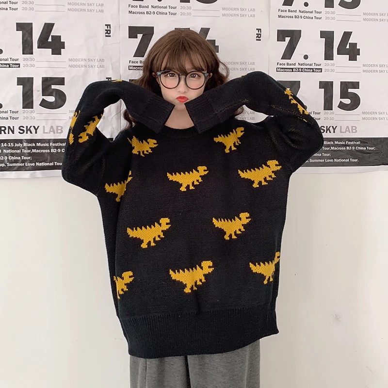 Женский пуловер с милым динозавром черного и фиолетового цвета свитер 2020 женский