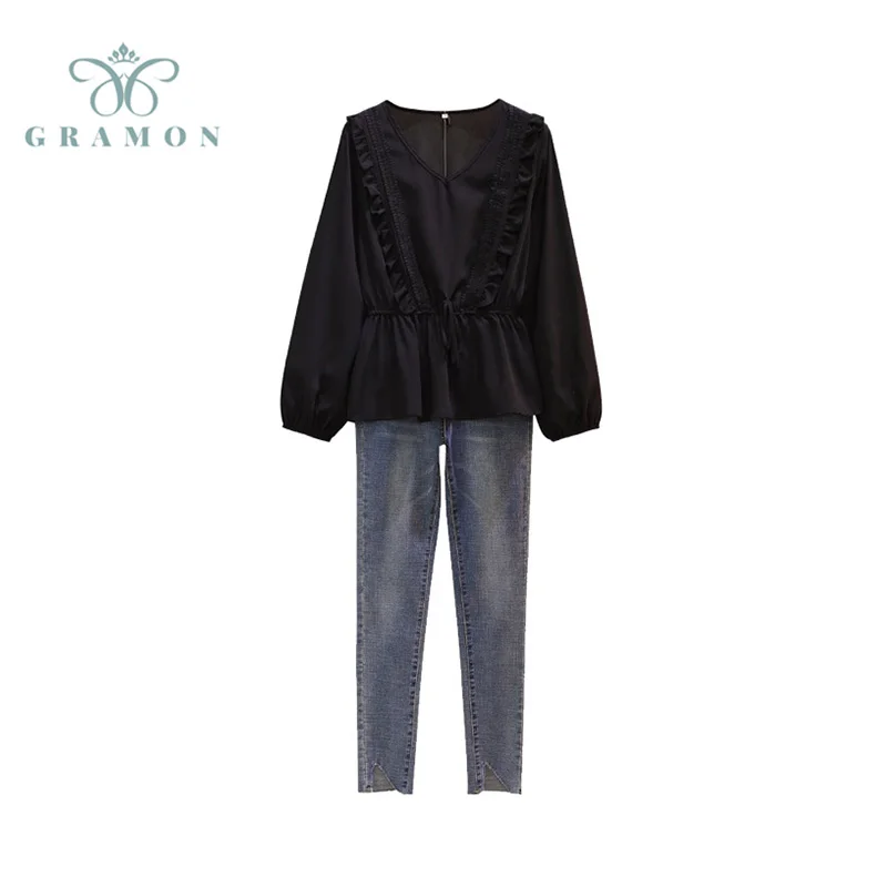 

Брючные костюмы из двух предметов, осень 2021, модные блузки с длинным рукавом и оборками + джинсовые брюки-карандаш, элегантные комплекты в Ко...