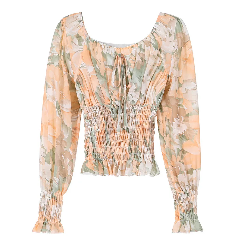 

2021 Spring and Autumn Bow Tie Floral Shirt Women's Waist Long Sleeve Top Design Chiffon Shirt Women Fashion Flower Shirt Women