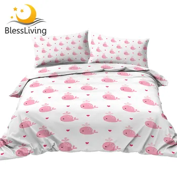 BlessLiving Cute Whale Bedding Set Pink Bedclothes Ocean Animal Cartoon Kids Comforter Cover Heart Printed Bedspreads for Girls 1