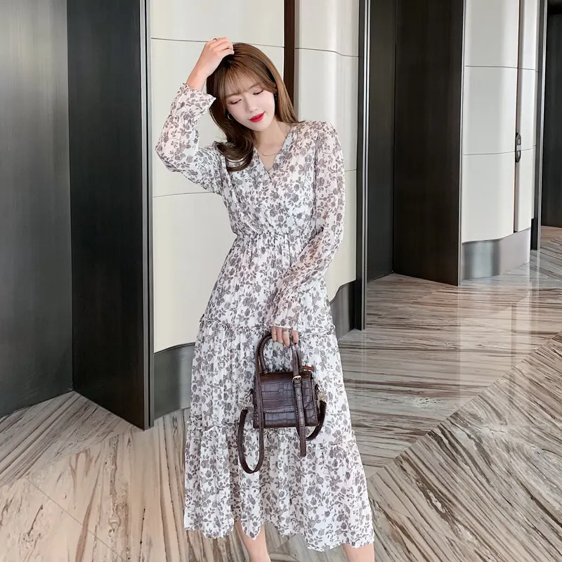 

Spring And Autumn New Women's V-Neck Floral Dress Temperament Long Sleeve Waist-Controlled White Chiffon Dress For Women
