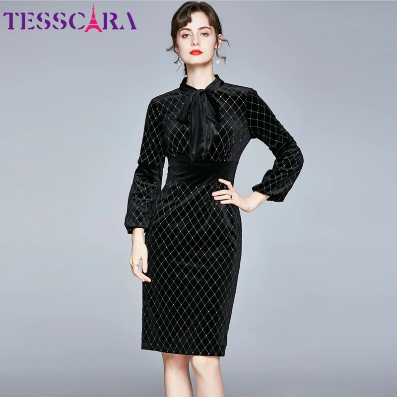 TESSCARA женские зимние элегантные вельветовое платье Festa высокого качества