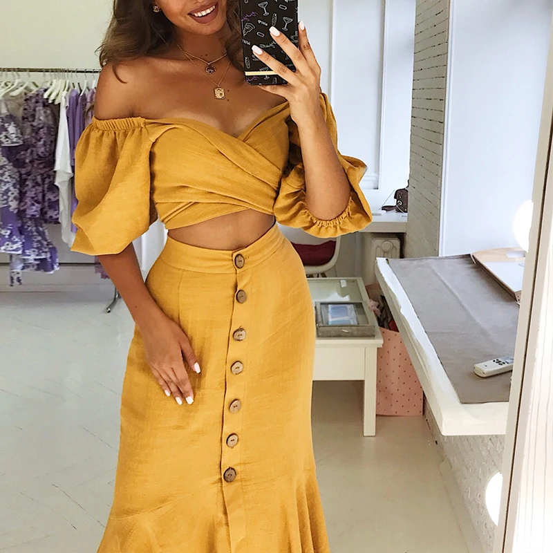 Женский костюм из двух предметов желтое платье русалки с открытыми плечами