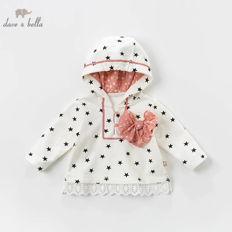 

DB12982 dave bella spring baby girls stars bow hooded T-shirt children long sleeve tops girls cute pullover kids fashion tees