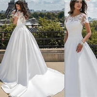 elegant lace applique wedding dress satin for bride white a line o neck short sleeves robe de mariee button back sweep train