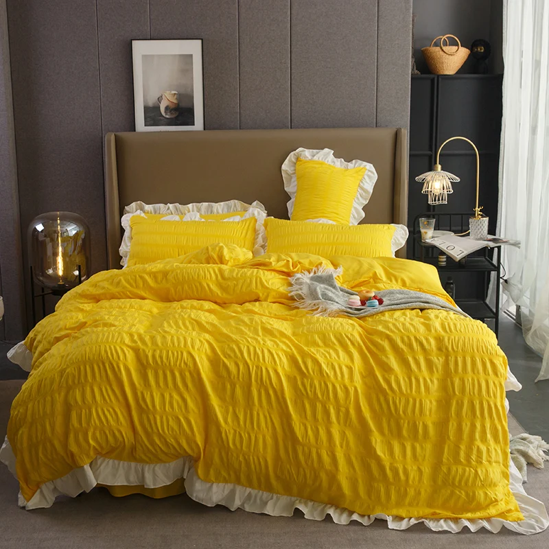 

Seersucker Bedding Set King Princess Solid Ruffles Duvet Cover Cotton&Polyester Flat Sheet Or Bed Skirt Bedclothes Home Textile