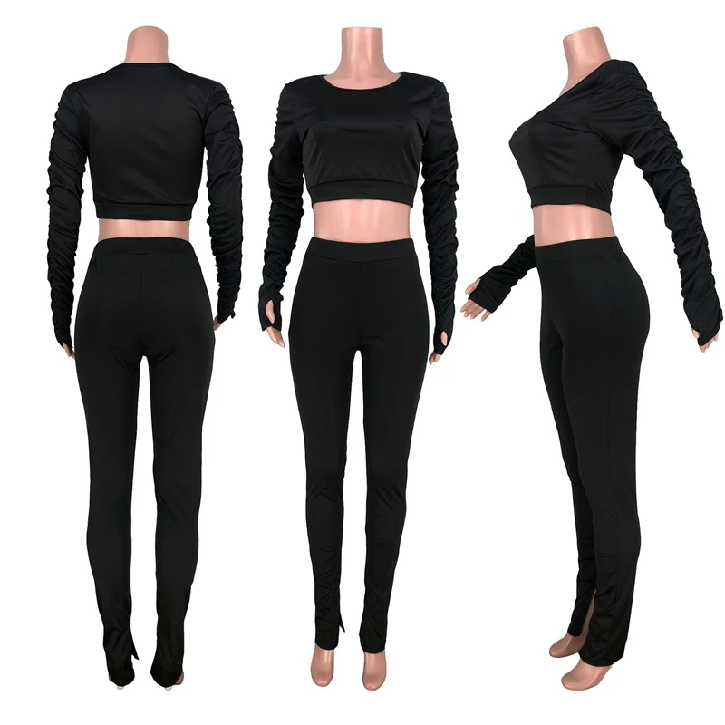 

ZOOEFFBB Fashion Fall Two Piece Set Long Sleeve Crop Tops and Split Hem Pants Outfits for Women Clothes Streetwear Tracksuit