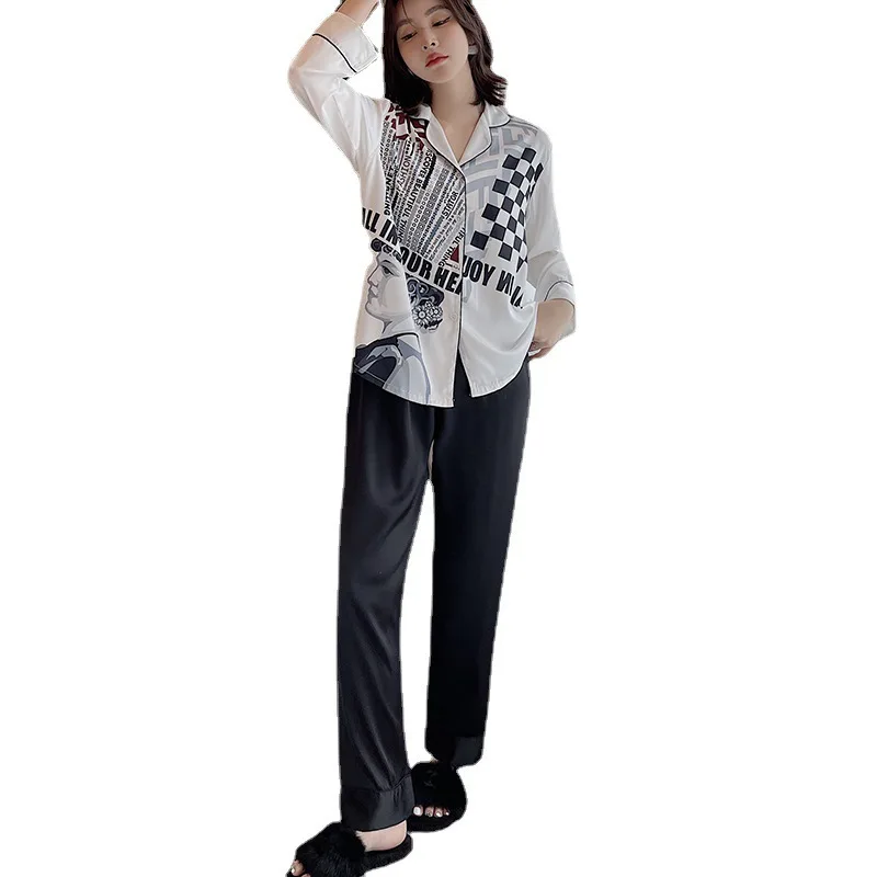 

Imitation Silk Pajamas Women's Long Sleeved Trousers Two Piece Set Fashion Large Ice and Snow Silk Home Clothes Women