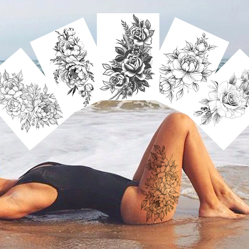 

Sexy Flower Temporary Tattoos For Women Body Art Painting Arm Legs Tattoos Sticker Realistic Fake Black Rose Waterproof Tattoos