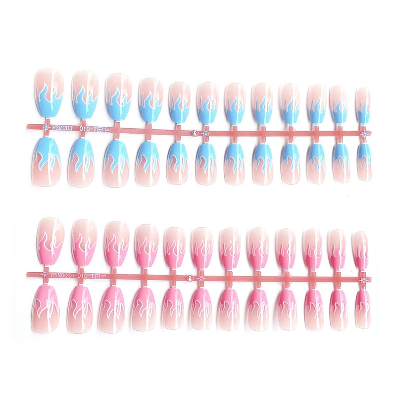 24 шт. пламени накладные ногти розовый голубой огненный для ног Пресс на