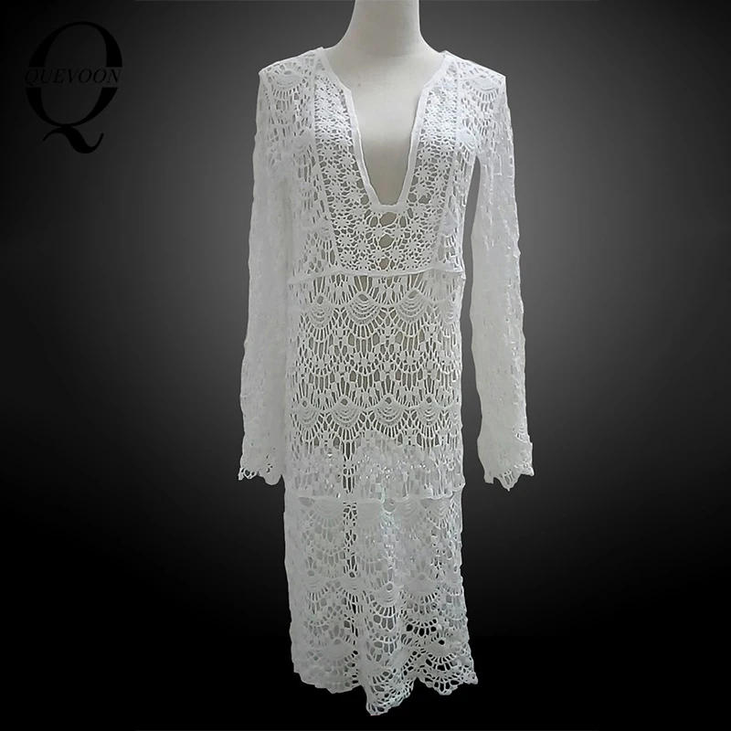 

QUEVOON Deep V-Neck Corhet Sun Dresses Hollow Out Sexy Cover Ups for Women Solid Casual Summer 2021 Hot Fashion Style Beachwear