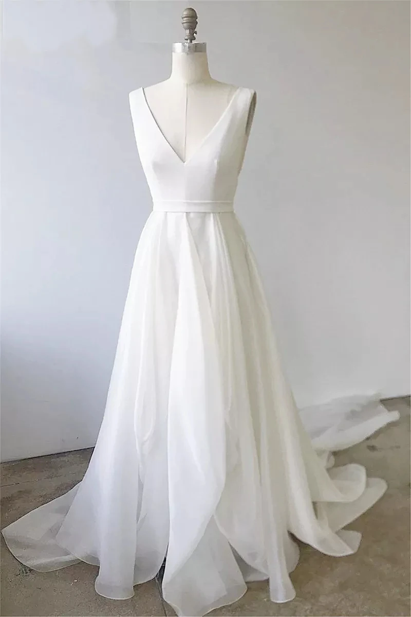 

Simple Ivory Evening Dress V-neck Sleeveless Backless Sweep Train A-line For Beach Wedding Prom Dresses платья знаменитостей
