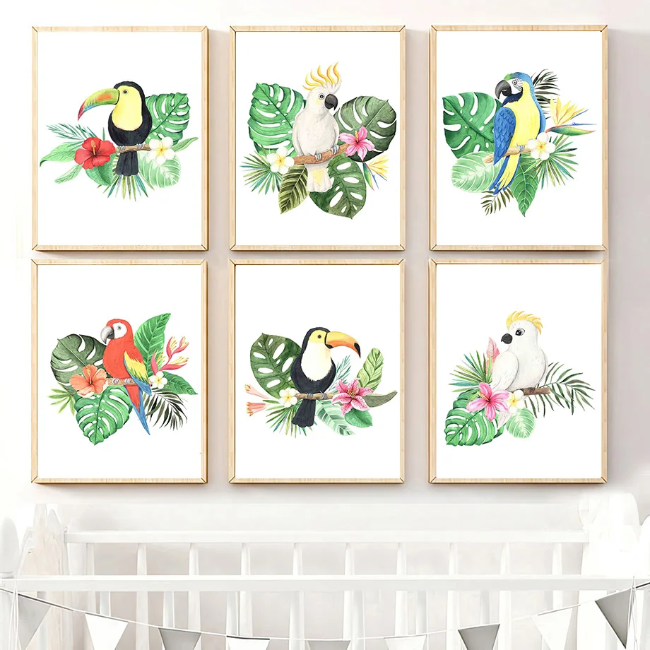 

Watercolor Parrot Bird Monstera Leaf Flowers Wall Art Canvas Painting Nordic Posters And Prints Wall Pictures Kids Room Decor