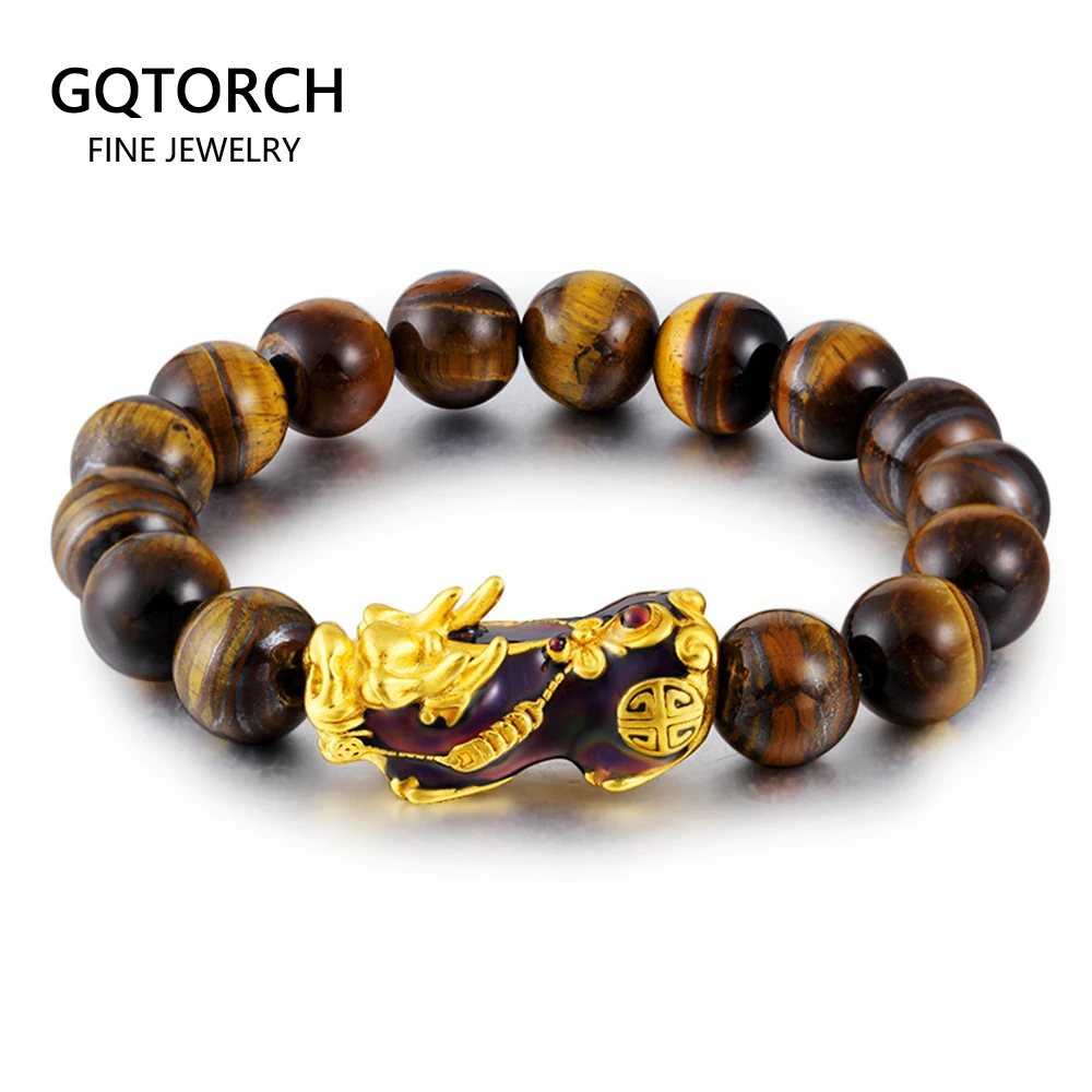 

Natural Tiger Eye Beaded Mens Bracelet With Brave Troops Thermochromic Pixiu Charm Strand Bracelets Handmade Jewelry