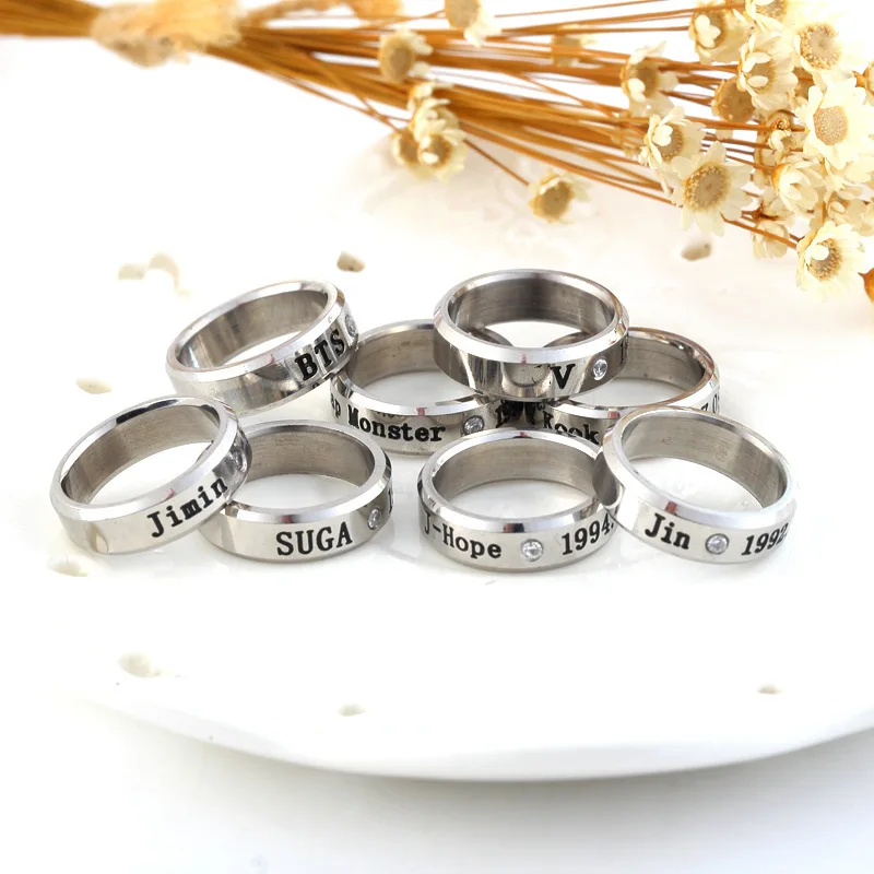 

2021 New Arrival Jimin Fashion Jewelry Ring Men Stainless Steel Letters Rings For Women Ring Stainless Steel Crystals Name