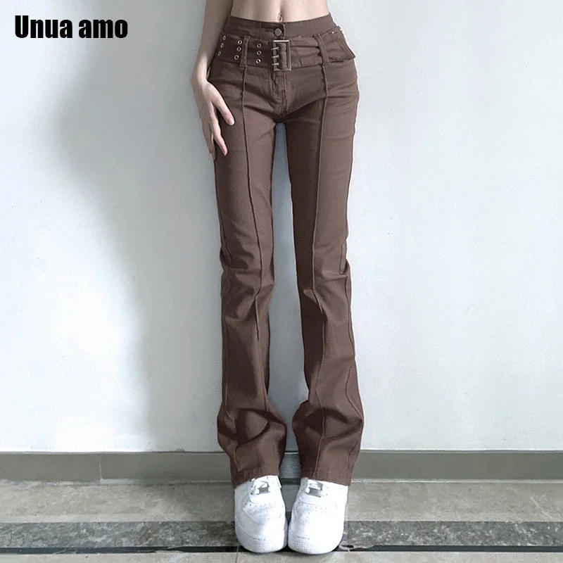 Unua amo Punk Slim Stretch Belted Micro Flare Jeans Woman Vintage Brown Denim Pants Female Wild Casual Trousers