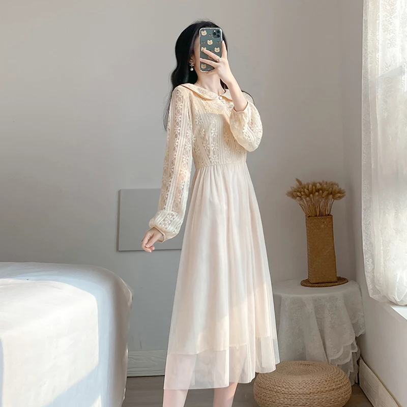 Женское винтажное платье-миди с высокой талией и отложным воротником | Женская