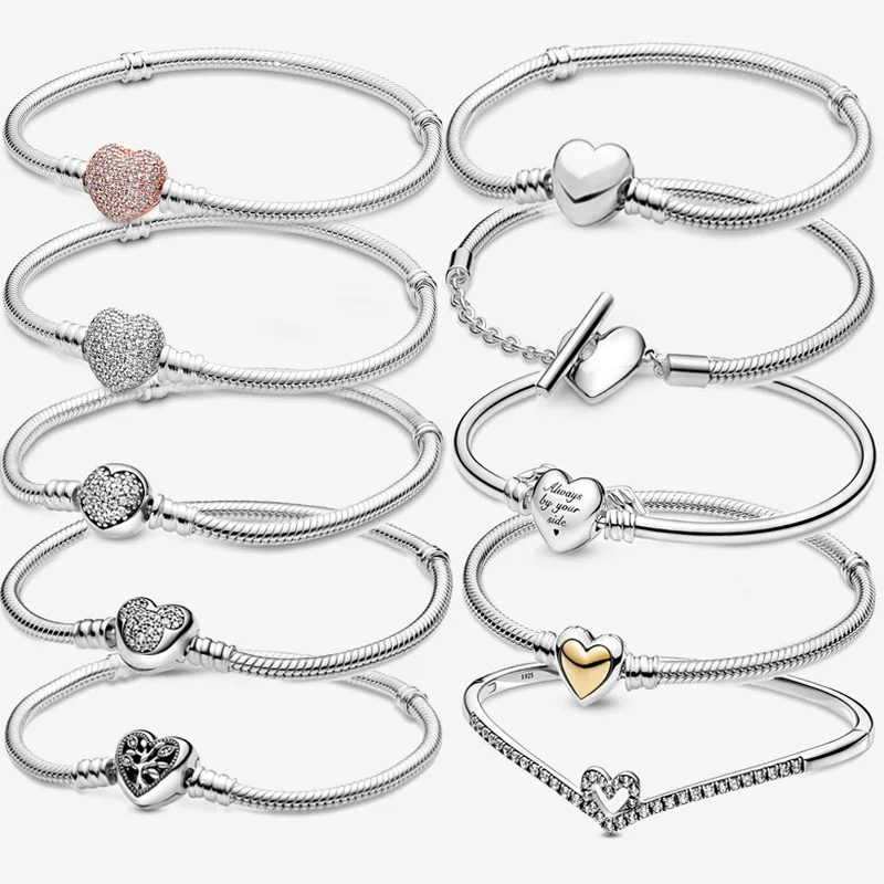 Браслет-змейка женский серебряный 10 типов на застежке в форме сердца | Украшения