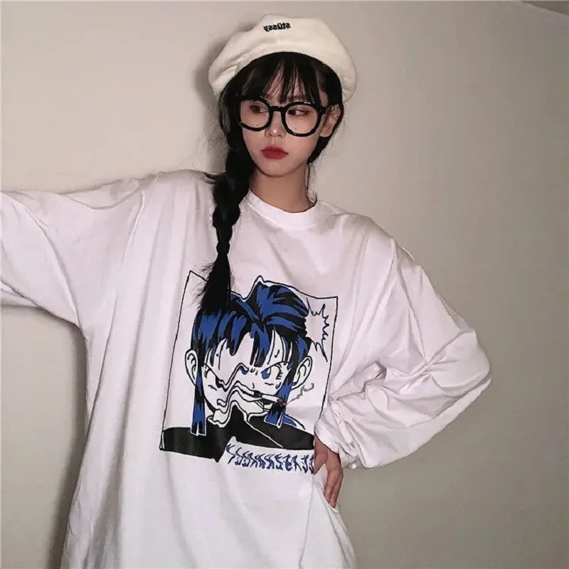 Street Korean Park Cartoon Anime Printed Solid Color Round Neck Loose Long Harajuku Sleeve T-Shirt Base Top Garbage Punk Retro