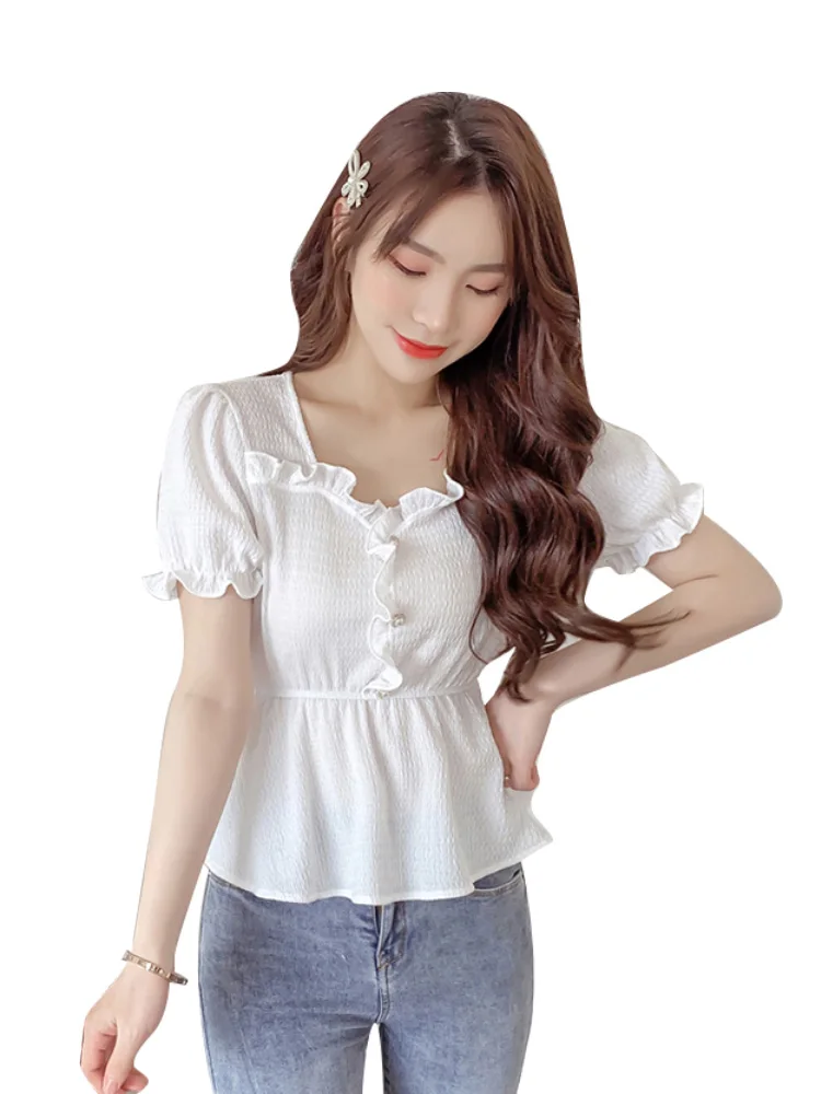

2021summer New Square Collar Wooden Ear Cinched Slimming Short Sleeves Shirt Top Puff Sleeve Small Shirt for Women