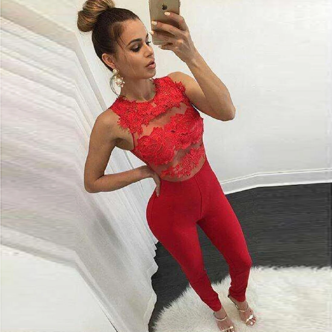 Женский сексуальный летний кружевной комбинезон 2020 с вырезами Облегающий
