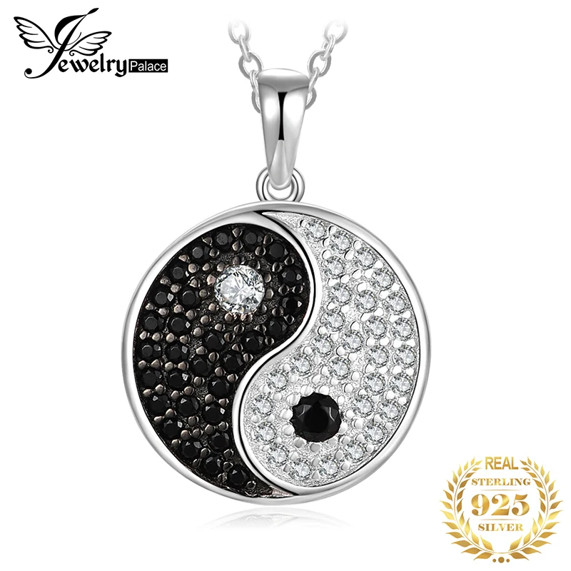 JewelryPalace Tai Chi Yin Yang 925 Sterling Silver Pendant Necklace Women Natural Black Spinel Round Gemstone Pendant No Chain