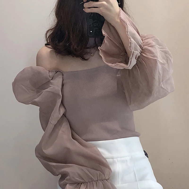 Женская трикотажная блузка из органзы винтажная эластичная с прозрачным рукавом