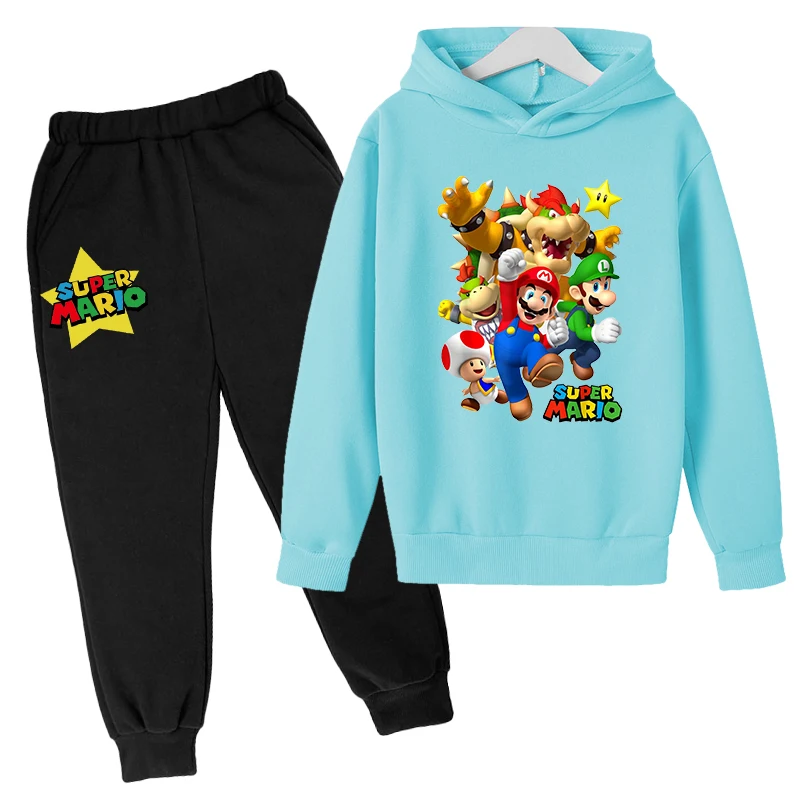 Sudadera con capucha y pantalones para ni&ntilde;os, Conjunto de sudadera de algod&oacute;n con dibujos animados, ropa de moda de dos piezas, abrigo para personas mayores, Super Mario 4T-14T, negro &middot; blanco-3