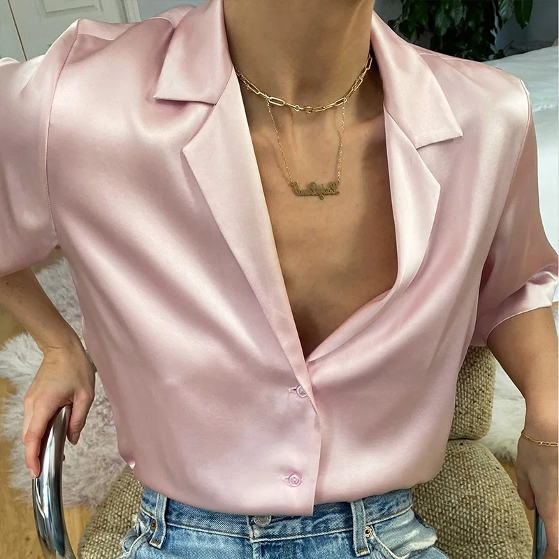 

Women Tops Satin Solid Color Suit Shirt Notched Short Sleeve Elegant Silk Shirts Blouse Summer Fashion Female Blazer 2022