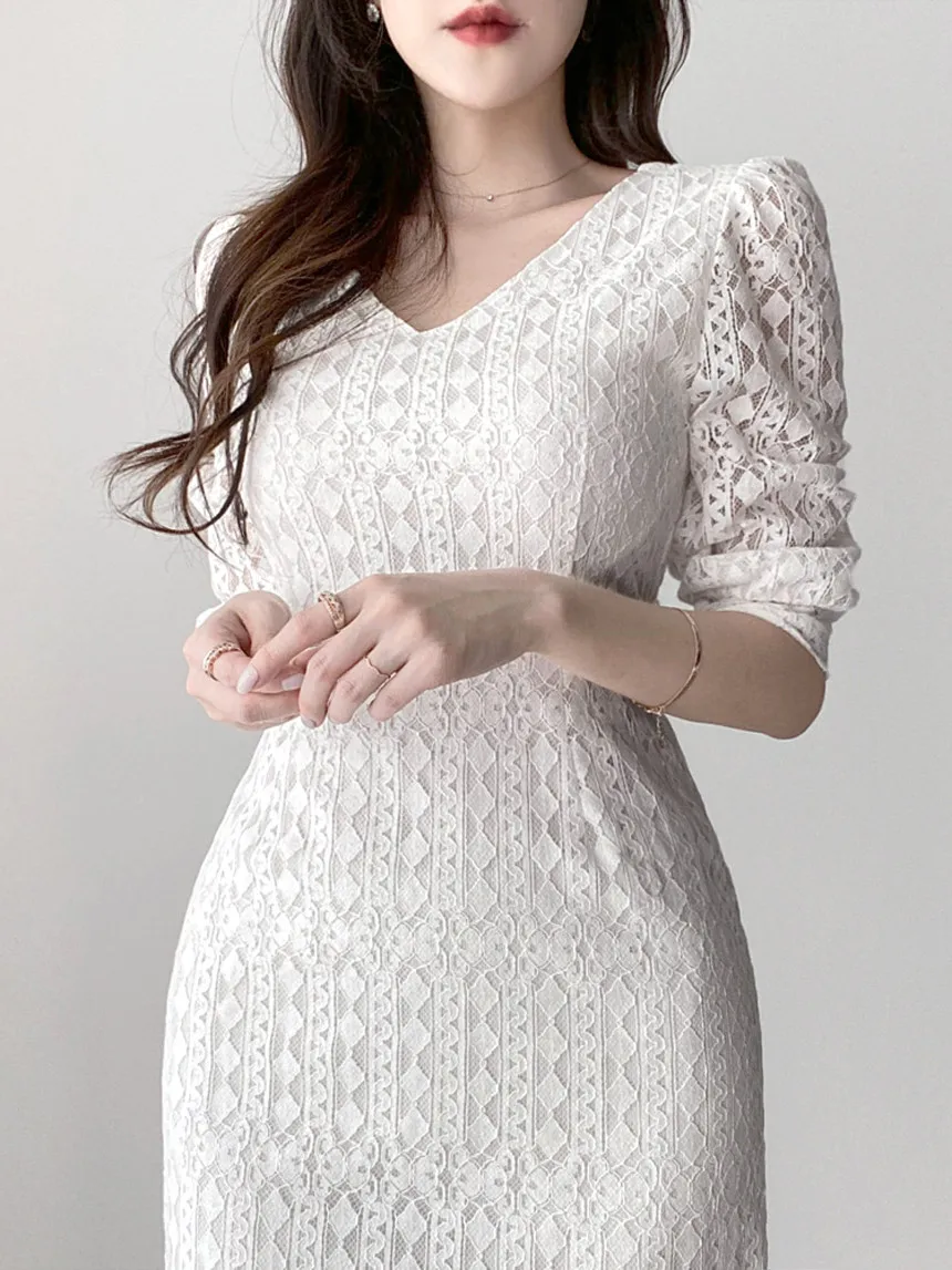 

Korejpaa Women Dress 2021 Summer Korean Chic Ladies Sexy Temperament V-Neck Lace Crocheted Five-Point Sleeve Fishtail Vestidos