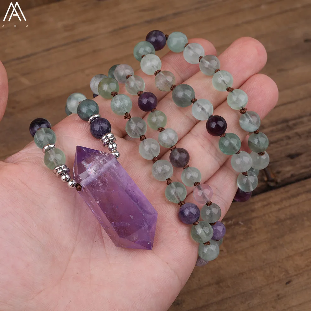 108 Mala Beads натуральный Радужный флюорит камень ожерелье для йоги аметист