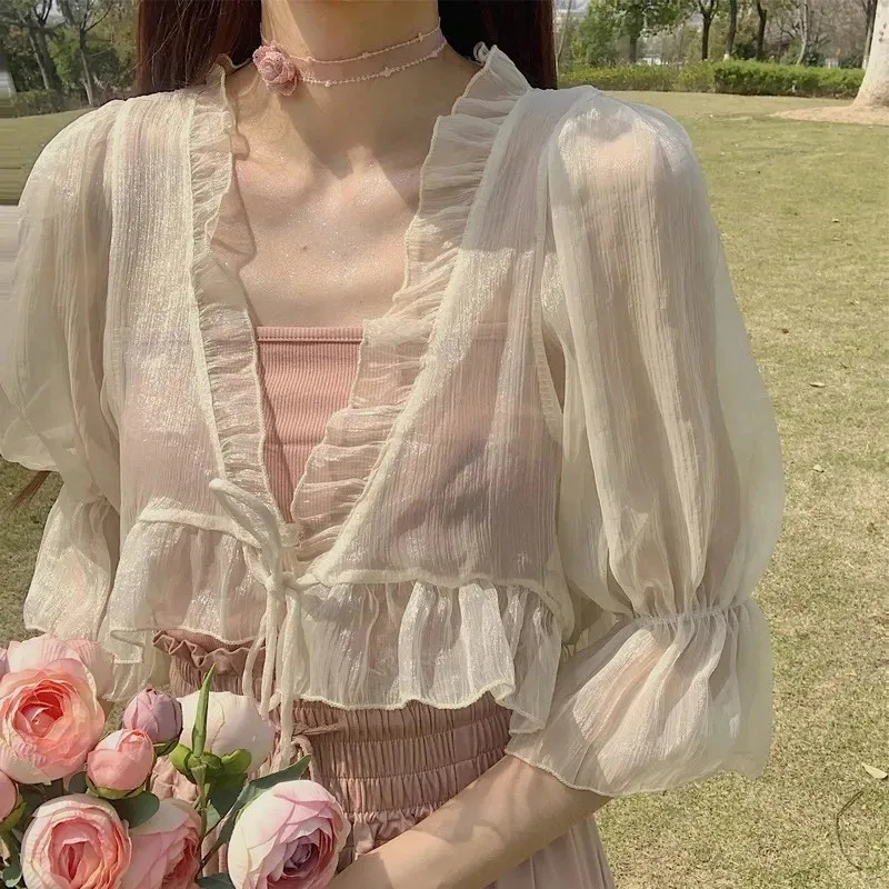 

Women Three Quarter Sleeve Lace Up Chiffon Sunscreen Cardigan Summer Korean Style Blouses Top Ladies Transparent Cropped Outwear