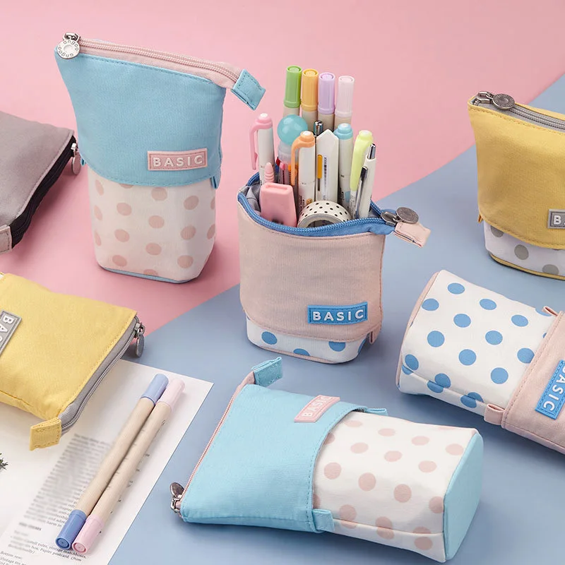 

Newly Cute Collapsible Pencil Pen Pouch Dot Print Lightweight Large Capacity Stationary Cosmetics Bags for Students Girls