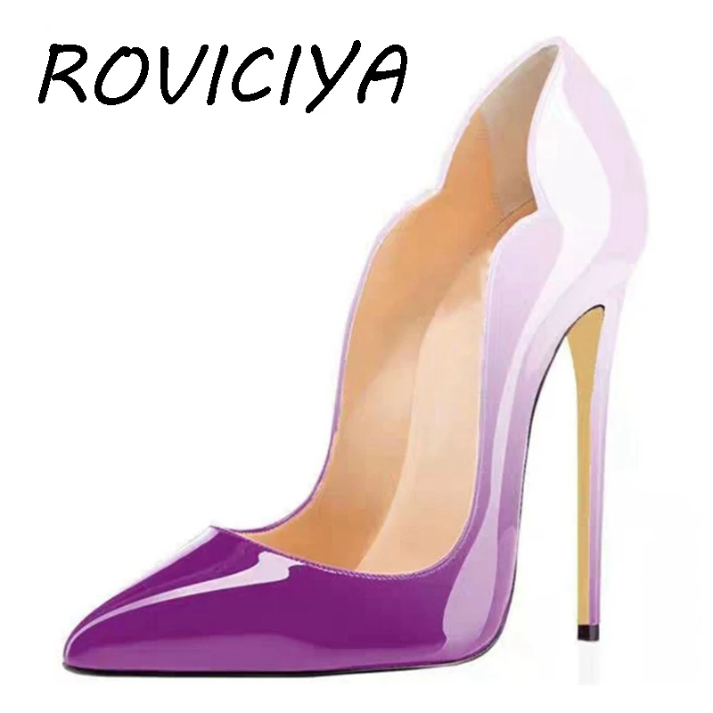 

Purple White Gradient Concise brand shoes plus size pointed 12cm high stiletto heels shallow classic women pumps QP042 ROVICIYA