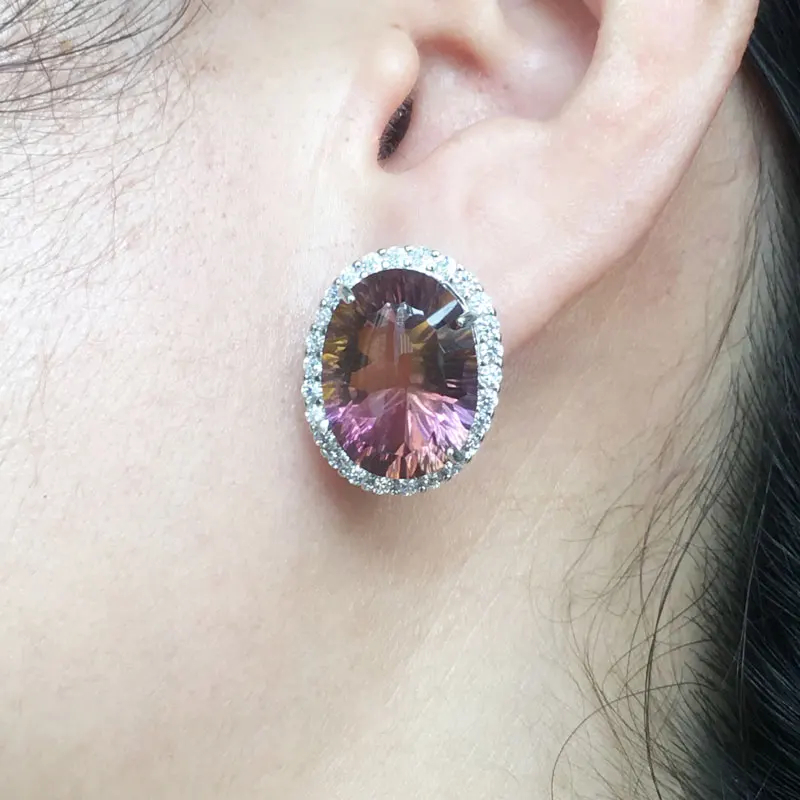 Большая кварцевая серьга CSJ с камнем Аметрин серебро 925 пробы вогнутая огранка 12*16