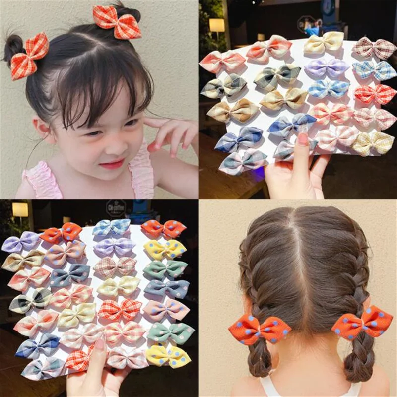 

Girls Hair Accessories 10Pcs/Set Sweet Bows Hairpin Small Ribbon Barrette Fabric Grid Dot Hairclips Cute Kids Headwear Headdress