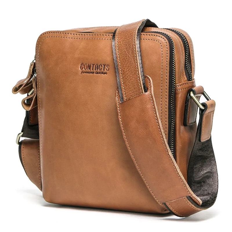 brown CONTACT'S Повседневная кожаная мужская сумка винтажная сумка через плечо для мужчин для 7.9-дюймового iPad высокое качество - Цвет: brown
