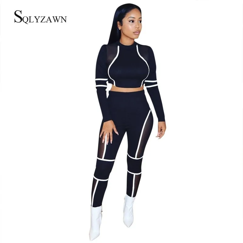 2019 New Mesh Patchwork Women's Sporty Suits Long Sleeve Crop Top T-shirt Jogging Women Fitness Joga Mujer Training Set | Женская