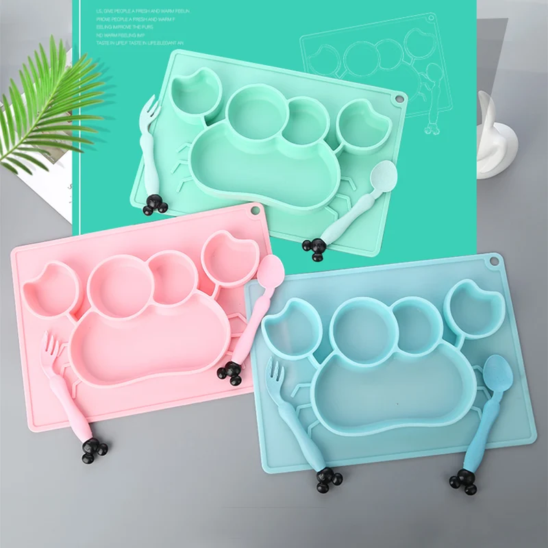 3pcs Baby Silicone Dining Plate Cartoon Whale Crab Toddler Tableware Set Children Feeding Bowl Spoon Fork Kids Anti-fall Dishes | Мать и