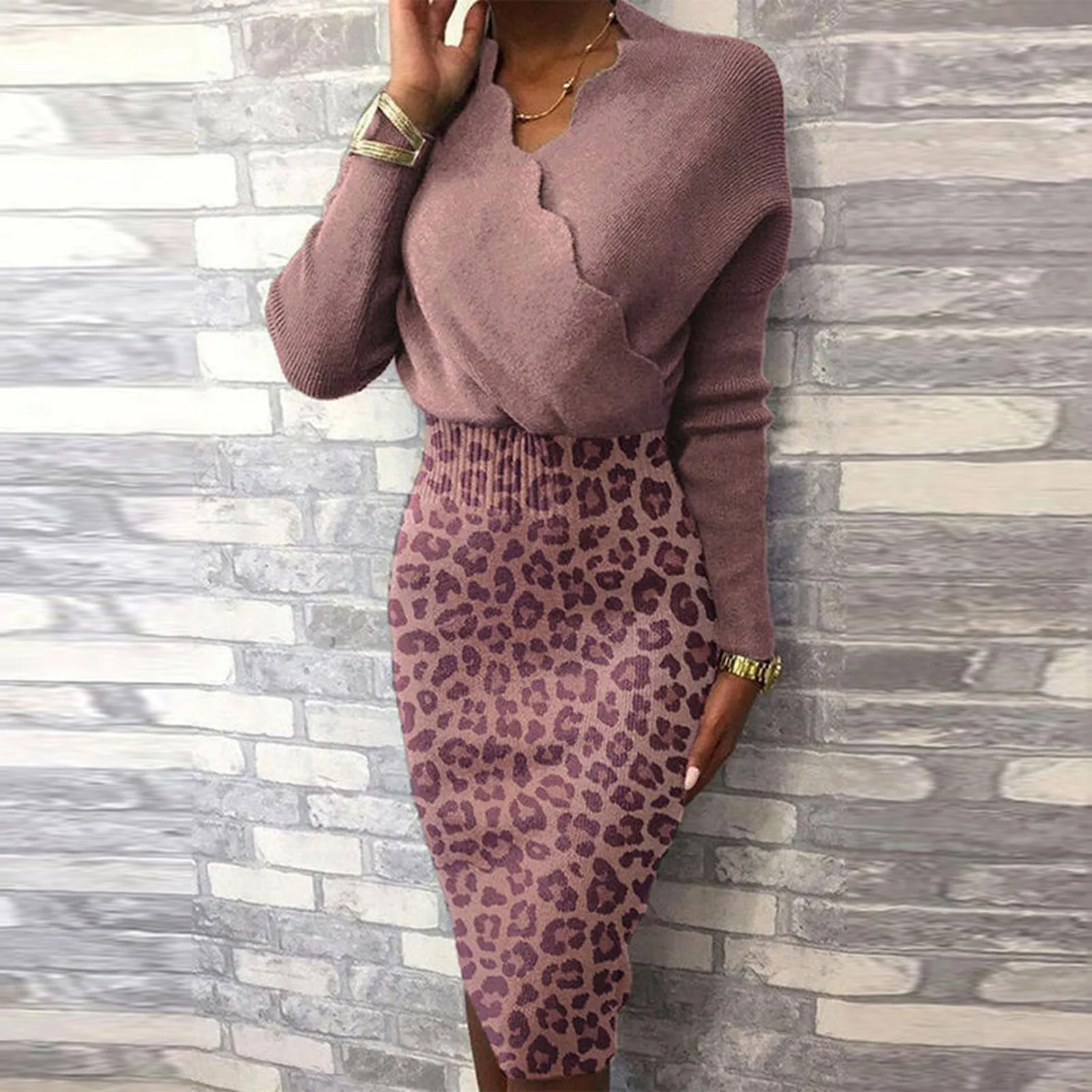 

Women's Fashion Long Sleeve High Neck Leopard Print Sexy Long Dress 2020 Autumn Winter Women Fashion Christmas High-waist Dress