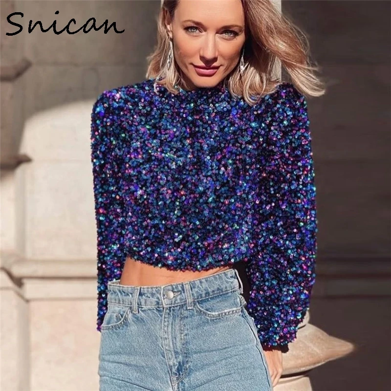 

Snican Весенняя пикантная блузка с открытой спиной с блестками винтажные укороченные топы для вечерние рубашки Za 2021 Женская сорочка элегантна...