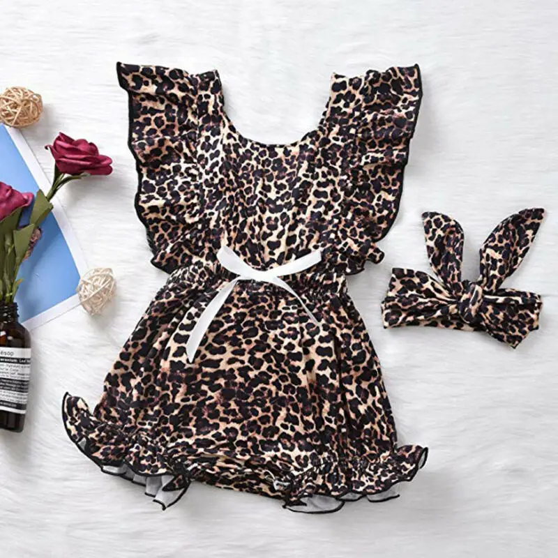 

CANIS Newborn Baby Girl Leopard Print Sleeveless Bowknot Romper Jumpsuit Headband Outfit Clothes