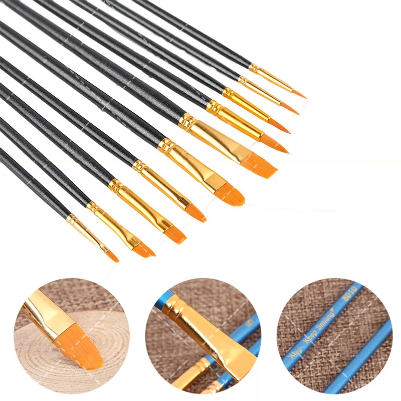 

10Pcs/Set Watercolor Gouache Paint Brushes Different Shape Round Pointed Tip Nylon Hair Painting Brush Set Art Supplies