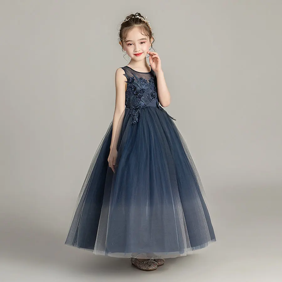 

Dark Blue Embroidery Wedding Ball Gown Dress Girls 6-13 Years Princess Back Deep V Backless Pageant And Graduation Dresses Girls